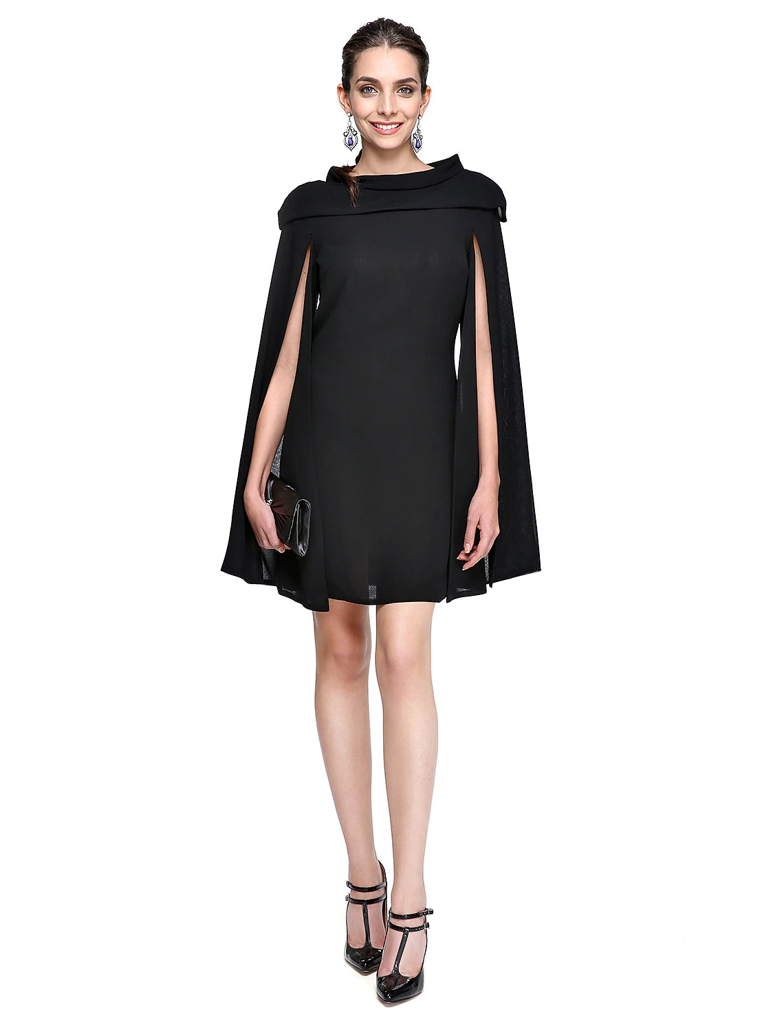 Abito nero a trapezio per le feste, corto/mini, senza maniche, con scollo gioiello, in chiffon con pieghe, per invitati a nozze